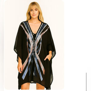 Wayne Cooper poncho top Size XL Black and Blue Women's Swim Cover-Up